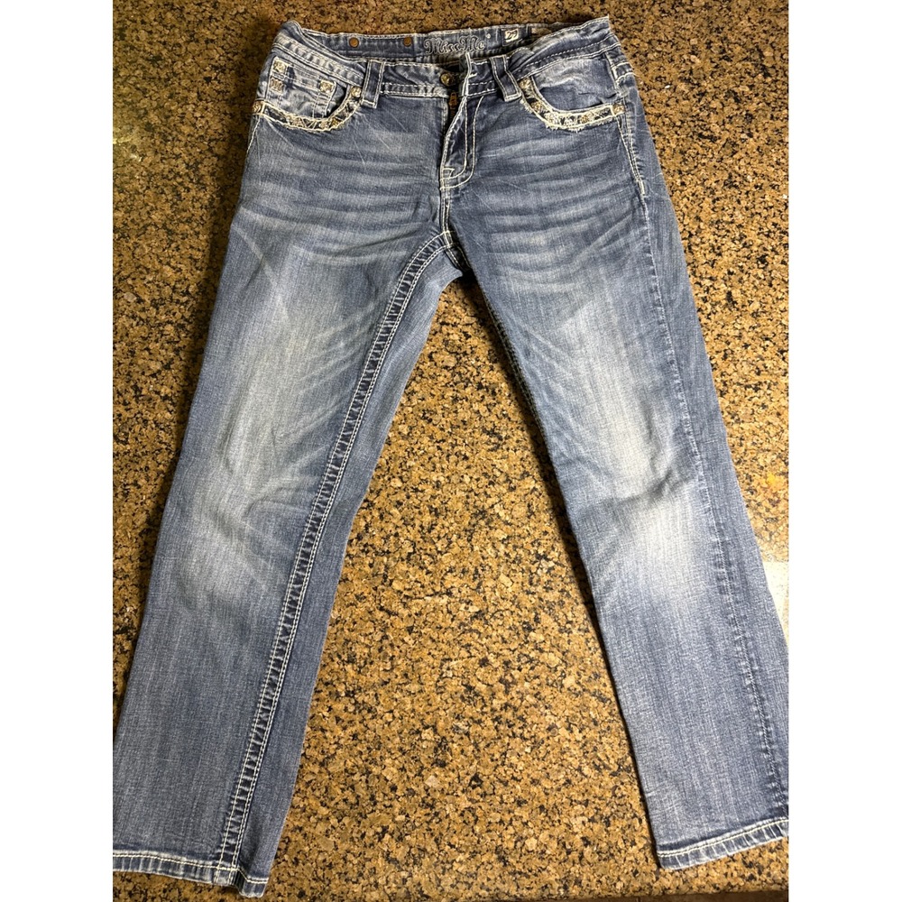Miss Me Mid-Rise Easy Cropped Jeans Medium Wash Embellished Size 29 Denim